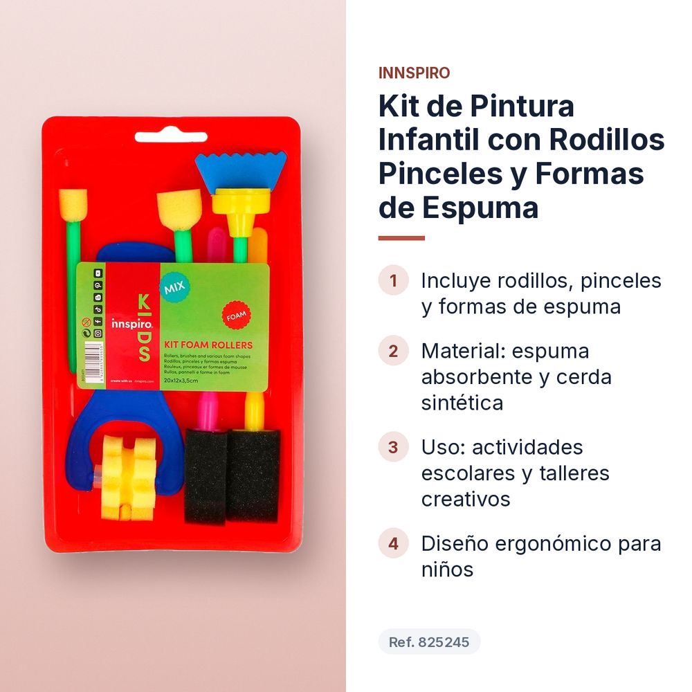 KIT DE PINTURA INFANTIL CON RODILLOS PINCELES Y FORMAS DE ESPUMA - características principales