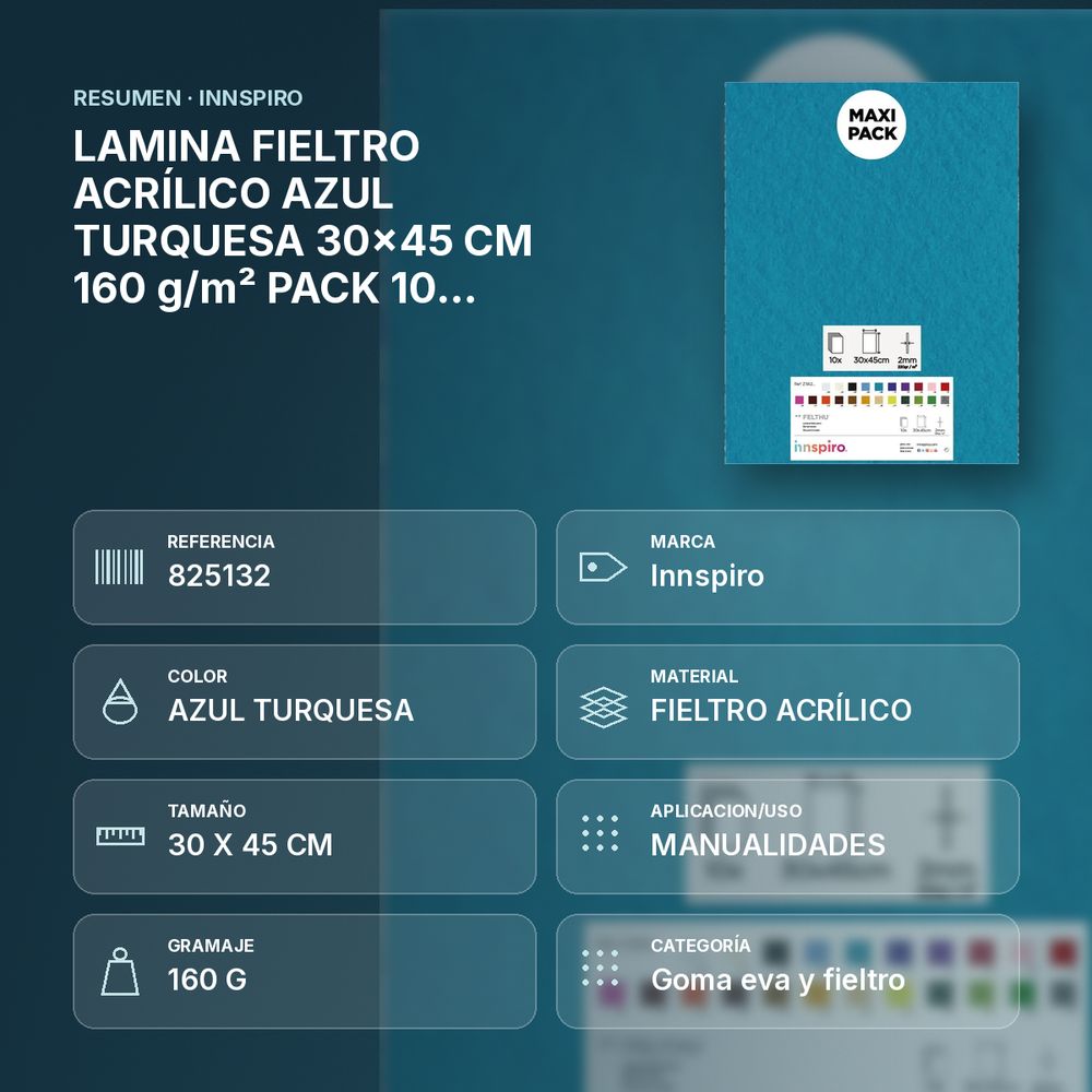LAMINA FIELTRO ACRÍLICO AZUL TURQUESA  30x45 CM 160 g/m² PACK 10 UNIDADES INNSPIRO - resumen de atributos