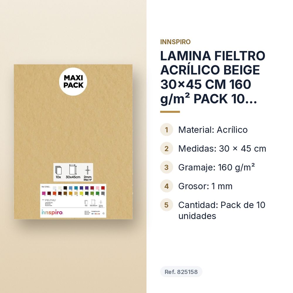 LAMINA FIELTRO ACRÍLICO BEIGE 30x45 CM 160 g/m² PACK 10 UNIDADES INNSPIRO - características principales