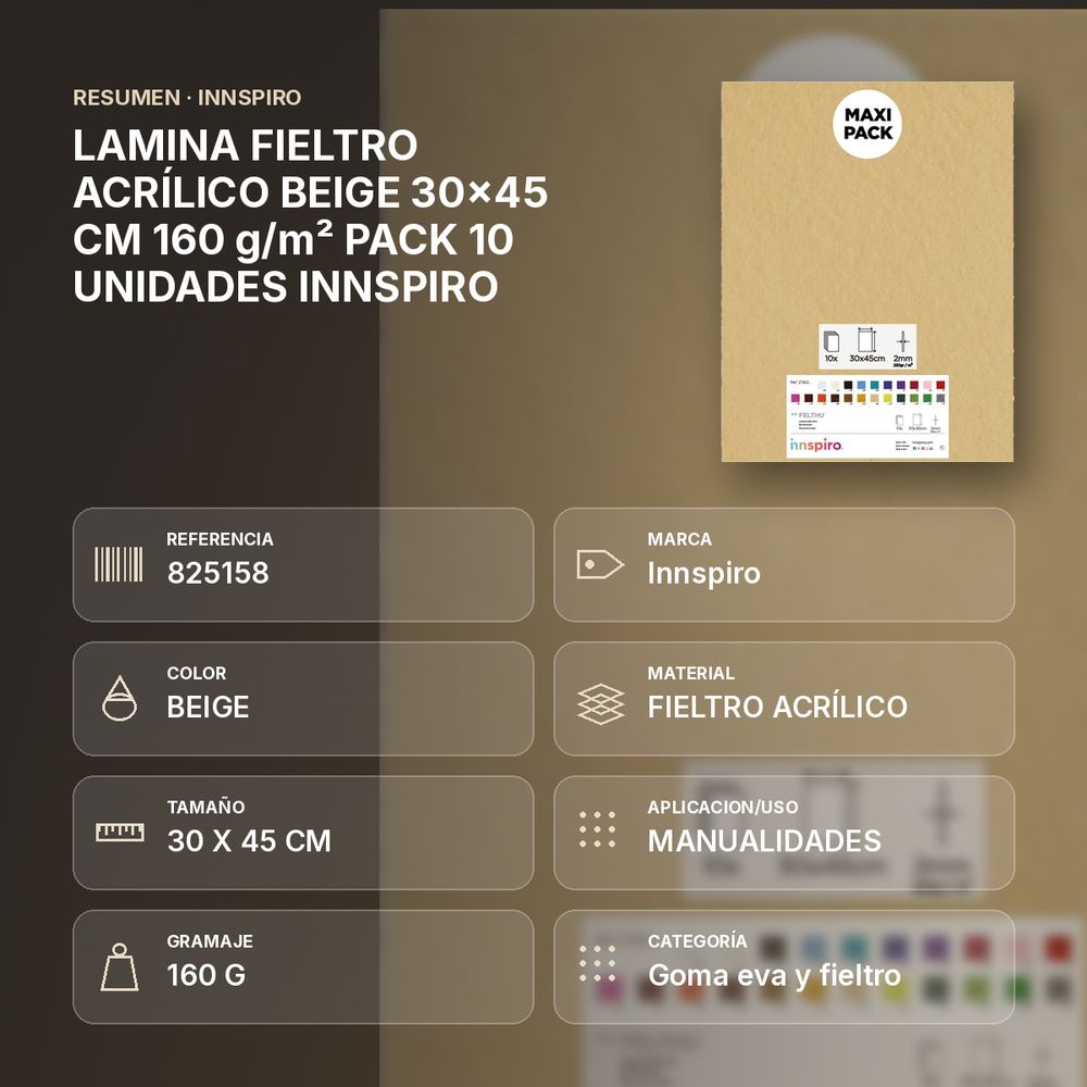 LAMINA FIELTRO ACRÍLICO BEIGE 30x45 CM 160 g/m² PACK 10 UNIDADES INNSPIRO - resumen de atributos