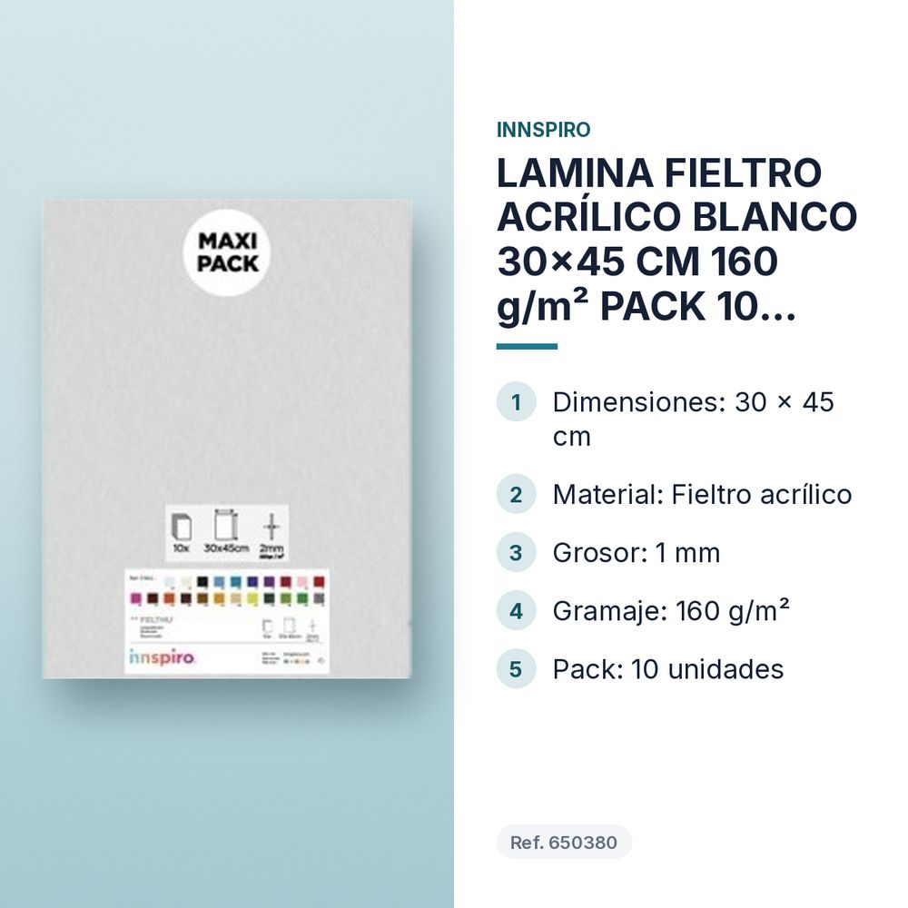 LAMINA FIELTRO ACRÍLICO BLANCO 30x45 CM 160 g/m² PACK 10 UNIDADES INNSPIRO - características principales