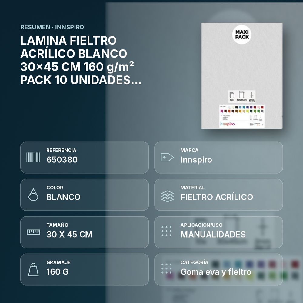 LAMINA FIELTRO ACRÍLICO BLANCO 30x45 CM 160 g/m² PACK 10 UNIDADES INNSPIRO - resumen de atributos