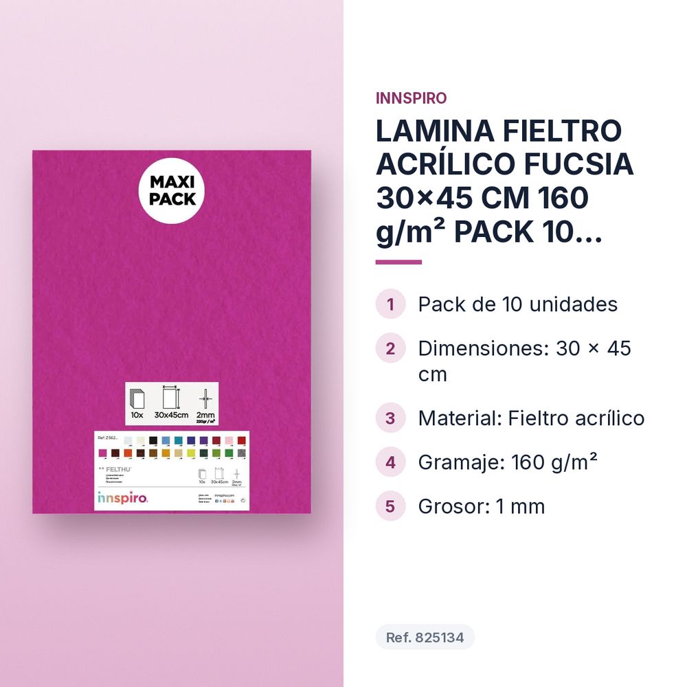 LAMINA FIELTRO ACRÍLICO FUCSIA 30x45 CM 160 g/m² PACK 10 UNIDADES INNSPIRO - características principales