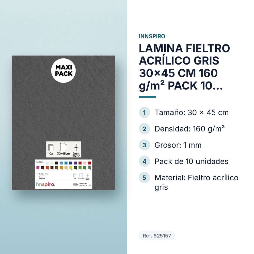 LAMINA FIELTRO ACRÍLICO GRIS 30x45 CM 160 g/m² PACK 10 UNIDADES INNSPIRO - características principales