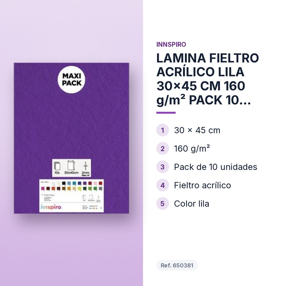 LAMINA FIELTRO ACRÍLICO LILA 30x45 CM 160 g/m² PACK 10 UNIDADES INNSPIRO - características principales