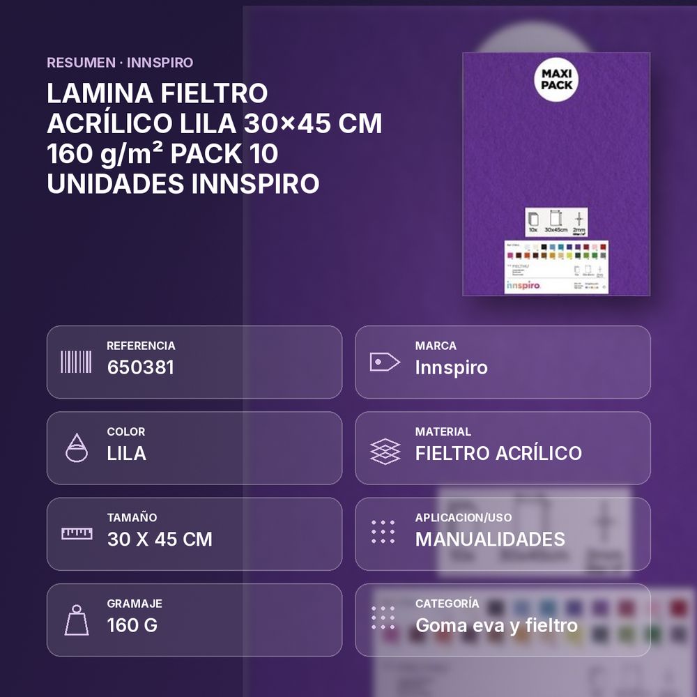 LAMINA FIELTRO ACRÍLICO LILA 30x45 CM 160 g/m² PACK 10 UNIDADES INNSPIRO - resumen de atributos