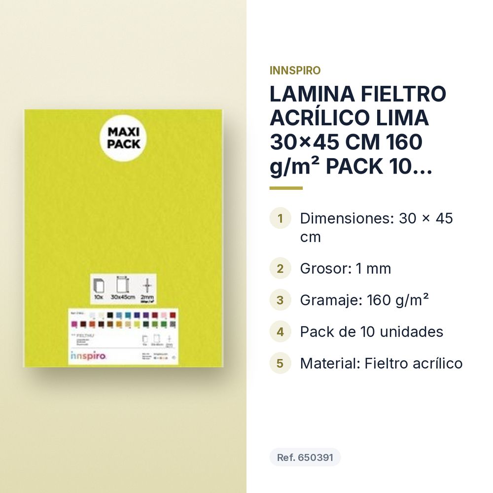 LAMINA FIELTRO ACRÍLICO LIMA 30x45 CM 160 g/m² PACK 10 UNIDADES INNSPIRO - características principales