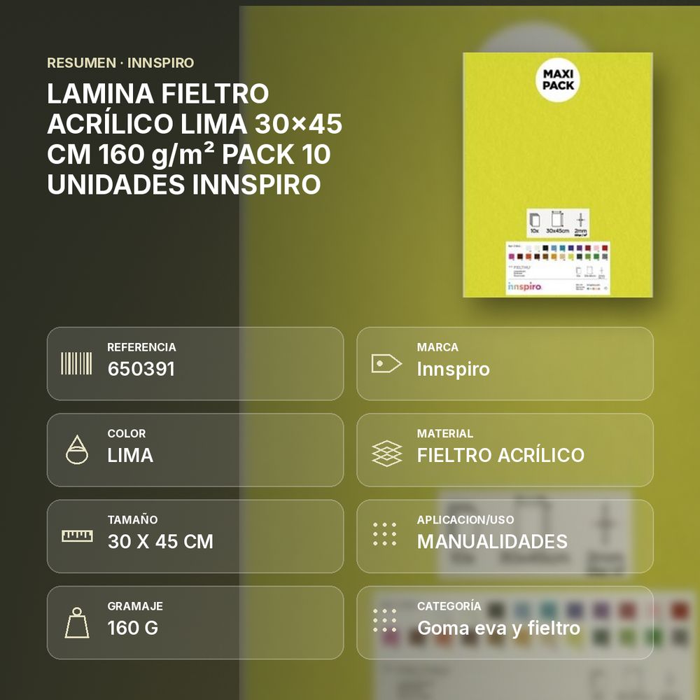 LAMINA FIELTRO ACRÍLICO LIMA 30x45 CM 160 g/m² PACK 10 UNIDADES INNSPIRO - resumen de atributos