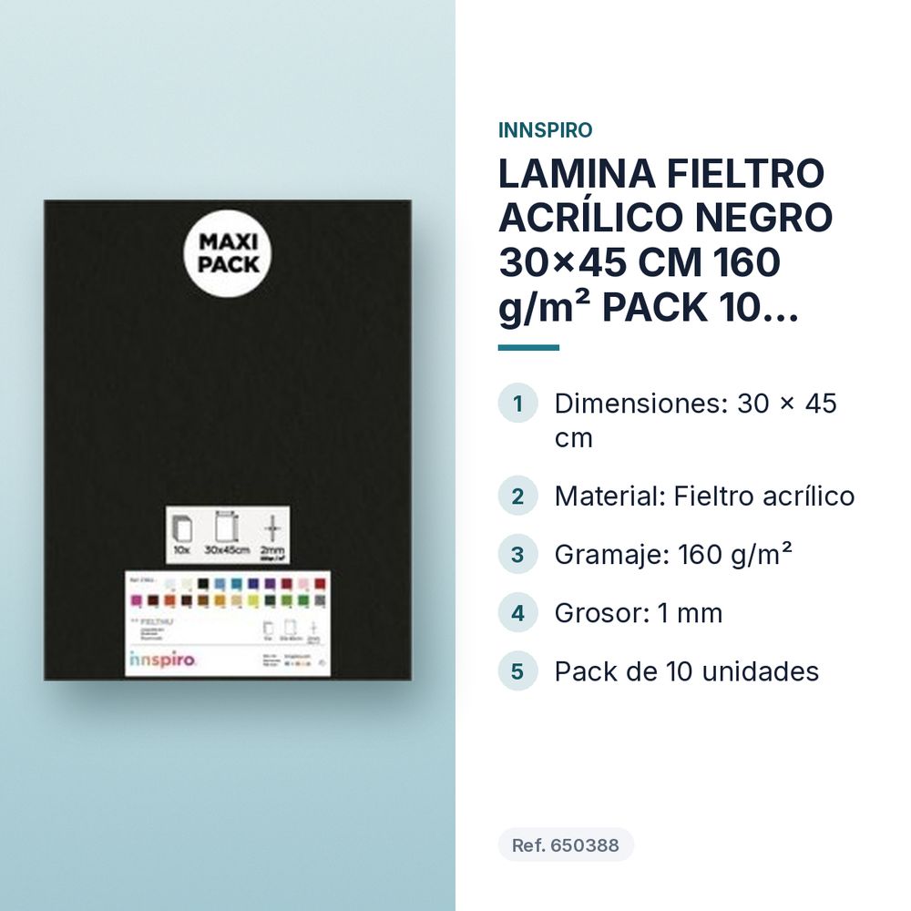 LAMINA FIELTRO ACRÍLICO NEGRO 30x45 CM 160 g/m² PACK 10 UNIDADES INNSPIRO - características principales