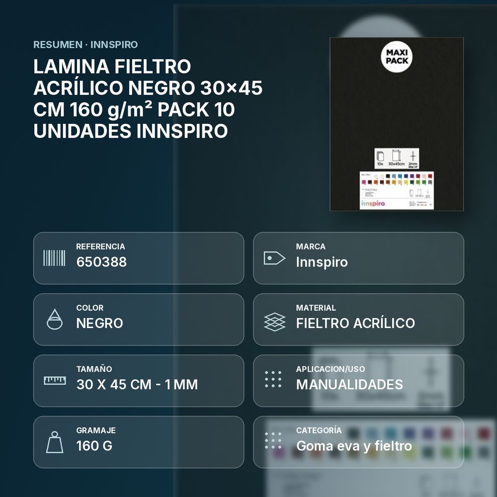 LAMINA FIELTRO ACRÍLICO NEGRO 30x45 CM 160 g/m² PACK 10 UNIDADES INNSPIRO - resumen de atributos