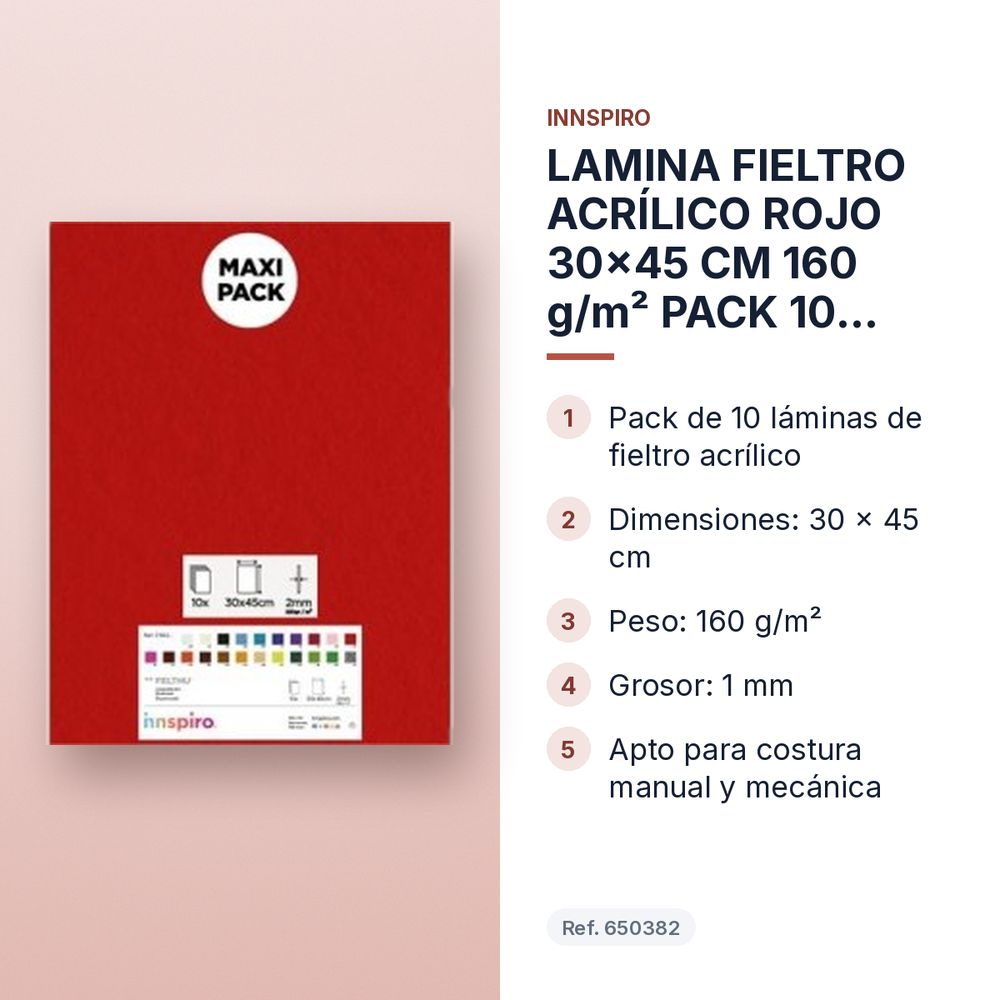 LAMINA FIELTRO ACRÍLICO ROJO 30x45 CM 160 g/m² PACK 10 UNIDADES INNSPIRO - características principales