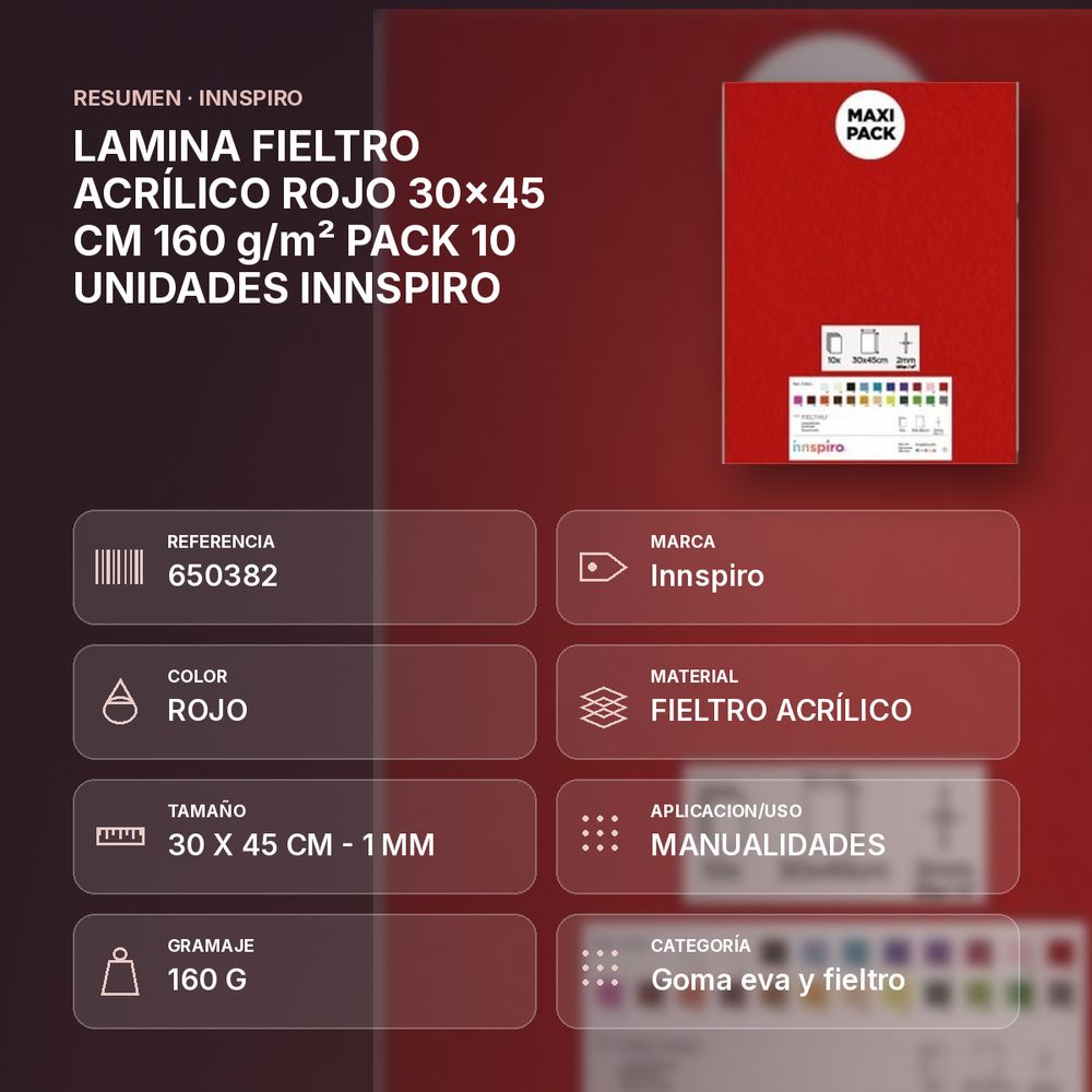 LAMINA FIELTRO ACRÍLICO ROJO 30x45 CM 160 g/m² PACK 10 UNIDADES INNSPIRO - resumen de atributos