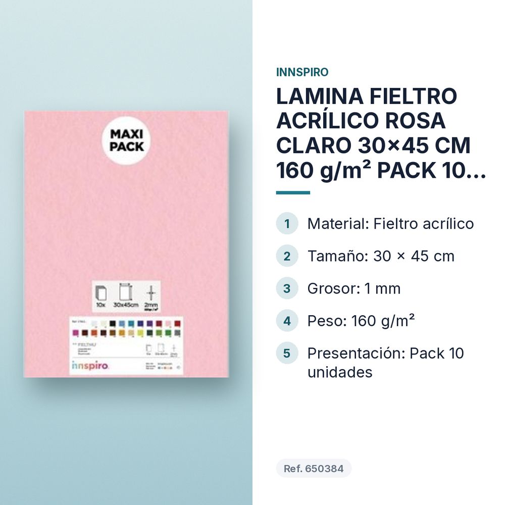 LAMINA FIELTRO ACRÍLICO ROSA CLARO 30x45 CM 160 g/m² PACK 10 UNIDADES INNSPIRO - características principales