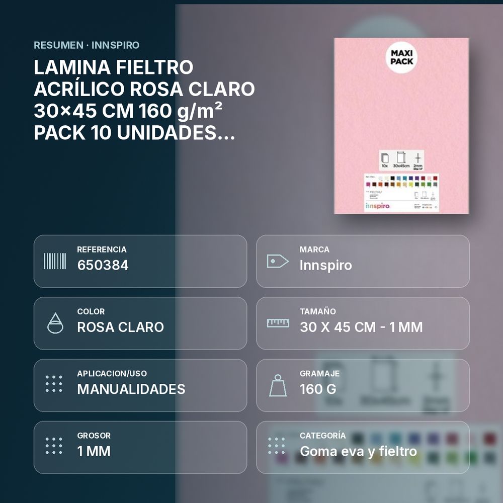 LAMINA FIELTRO ACRÍLICO ROSA CLARO 30x45 CM 160 g/m² PACK 10 UNIDADES INNSPIRO - resumen de atributos