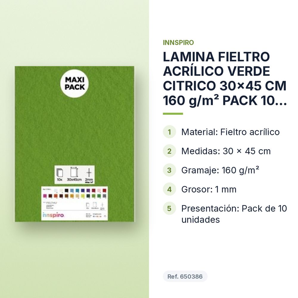 LAMINA FIELTRO ACRÍLICO VERDE CITRICO 30x45 CM 160 g/m² PACK 10 UNIDADES INNSPIRO - características principales