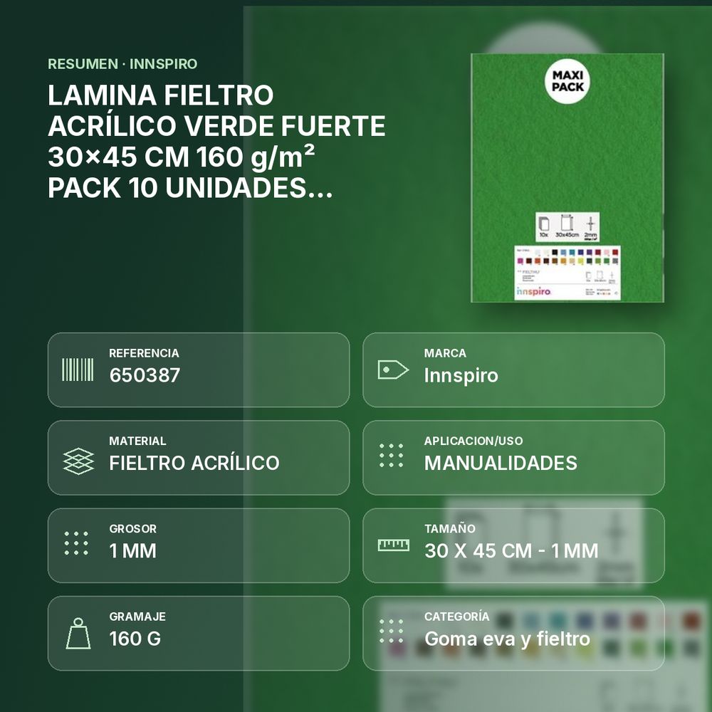 LAMINA FIELTRO ACRÍLICO VERDE FUERTE 30x45 CM 160 g/m² PACK 10 UNIDADES INNSPIRO - resumen de atributos