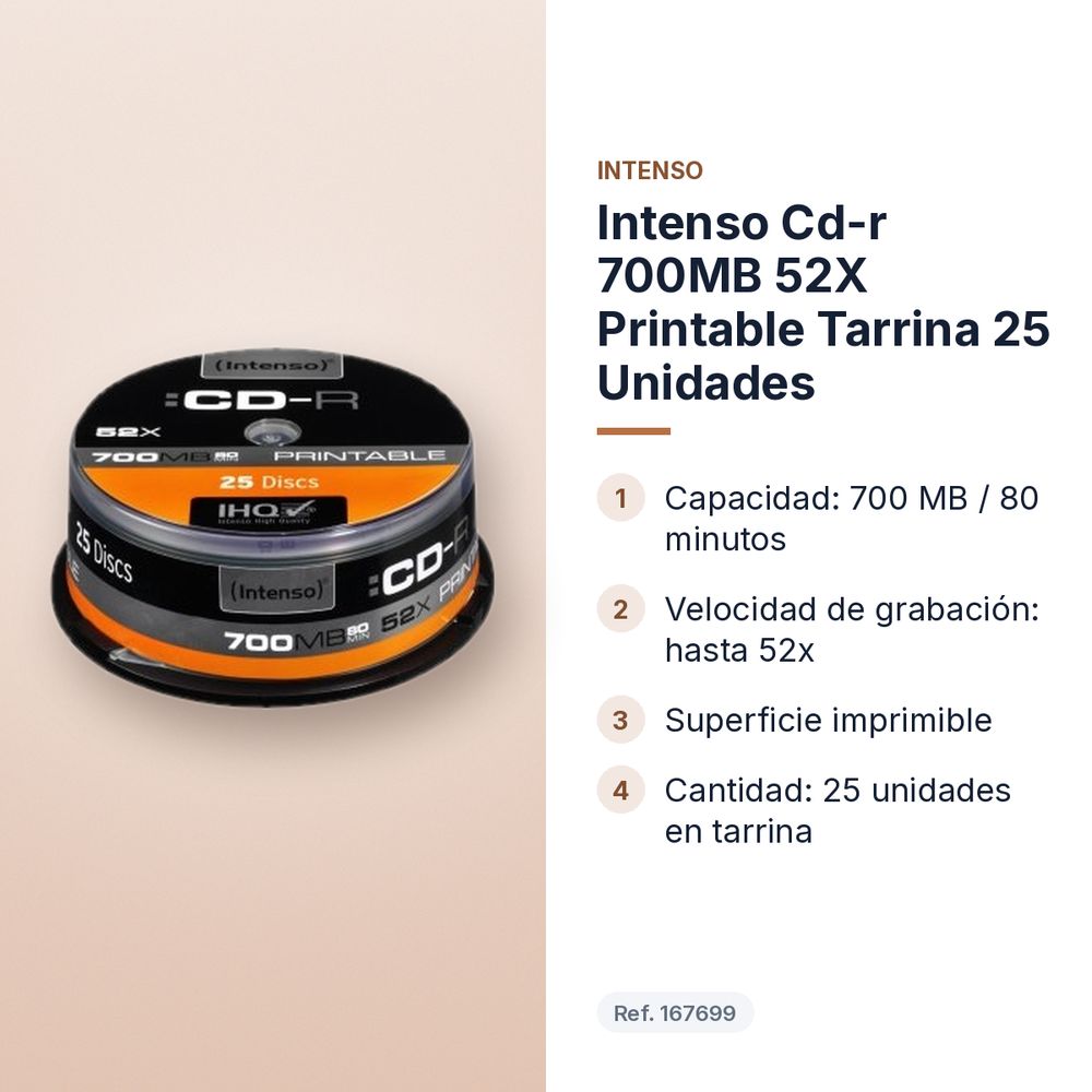 INTENSO CD-R 700MB 52X PRINTABLE TARRINA 25 UNIDADES - características principales