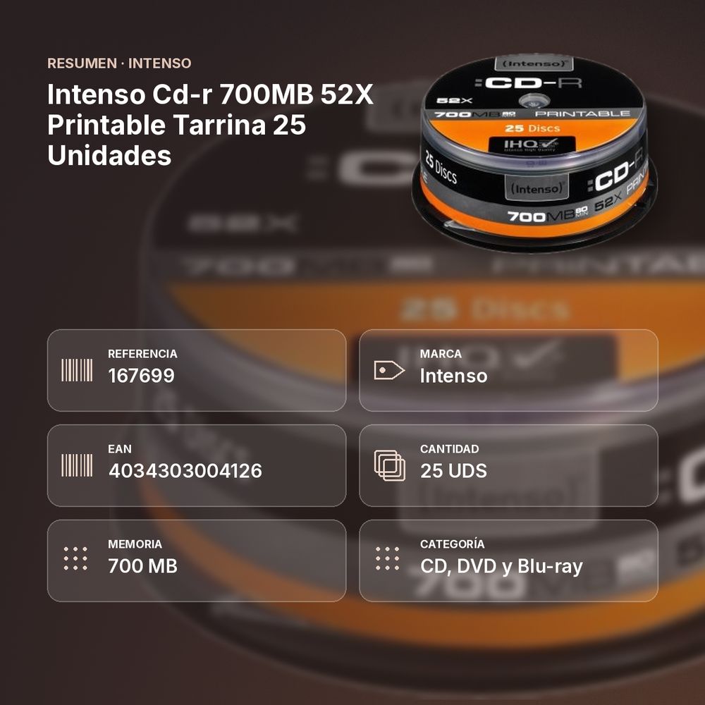 INTENSO CD-R 700MB 52X PRINTABLE TARRINA 25 UNIDADES - resumen de atributos