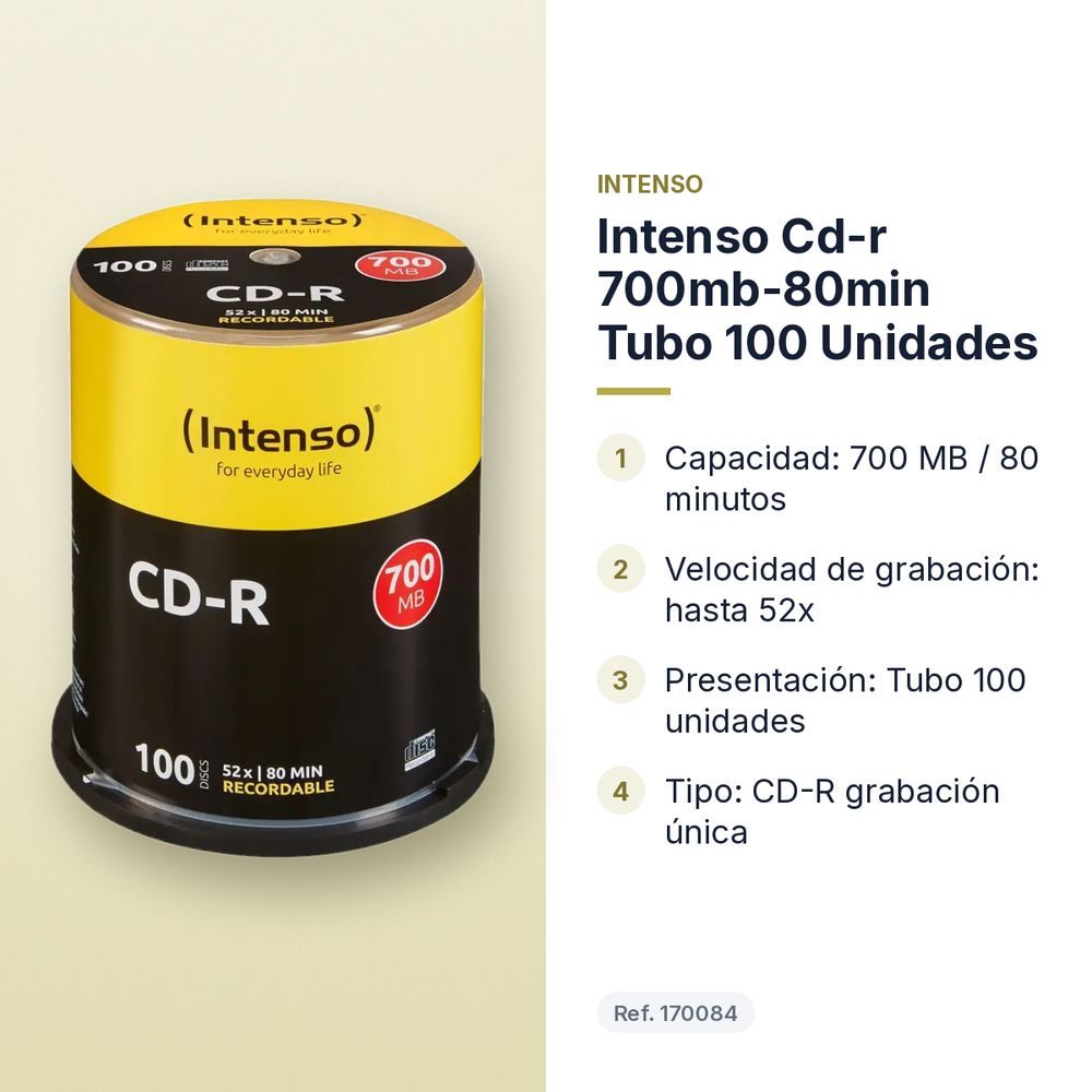 INTENSO CD-R 700MB-80MIN TUBO 100 UNIDADES - características principales