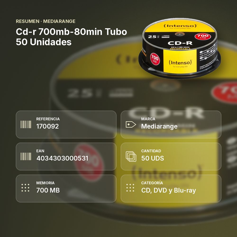 CD-R 700MB-80MIN TUBO 50 UNIDADES - resumen de atributos