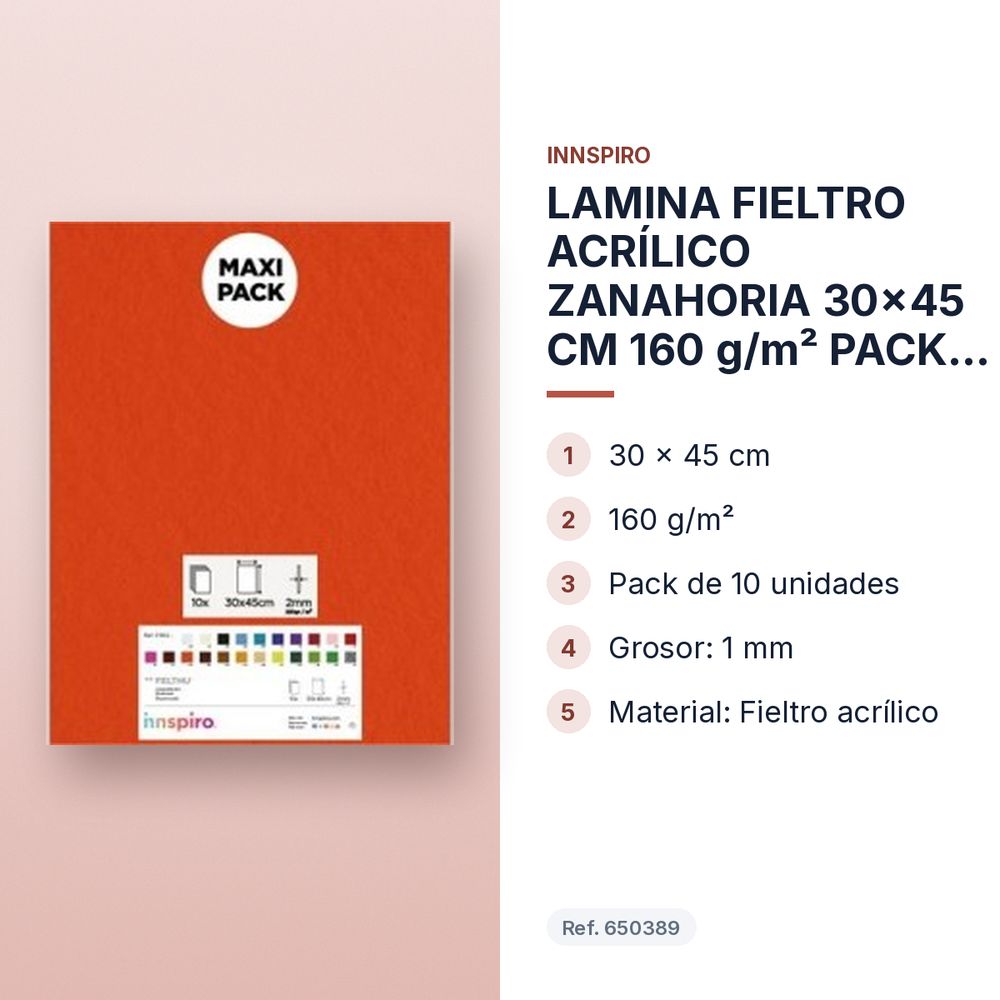 LAMINA FIELTRO ACRÍLICO ZANAHORIA 30x45 CM 160 g/m² PACK 10 UNIDADES INNSPIRO - características principales