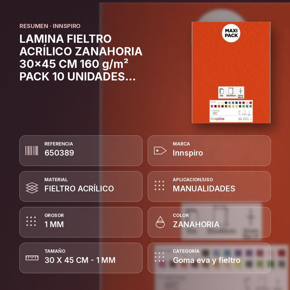 LAMINA FIELTRO ACRÍLICO ZANAHORIA 30x45 CM 160 g/m² PACK 10 UNIDADES INNSPIRO - resumen de atributos