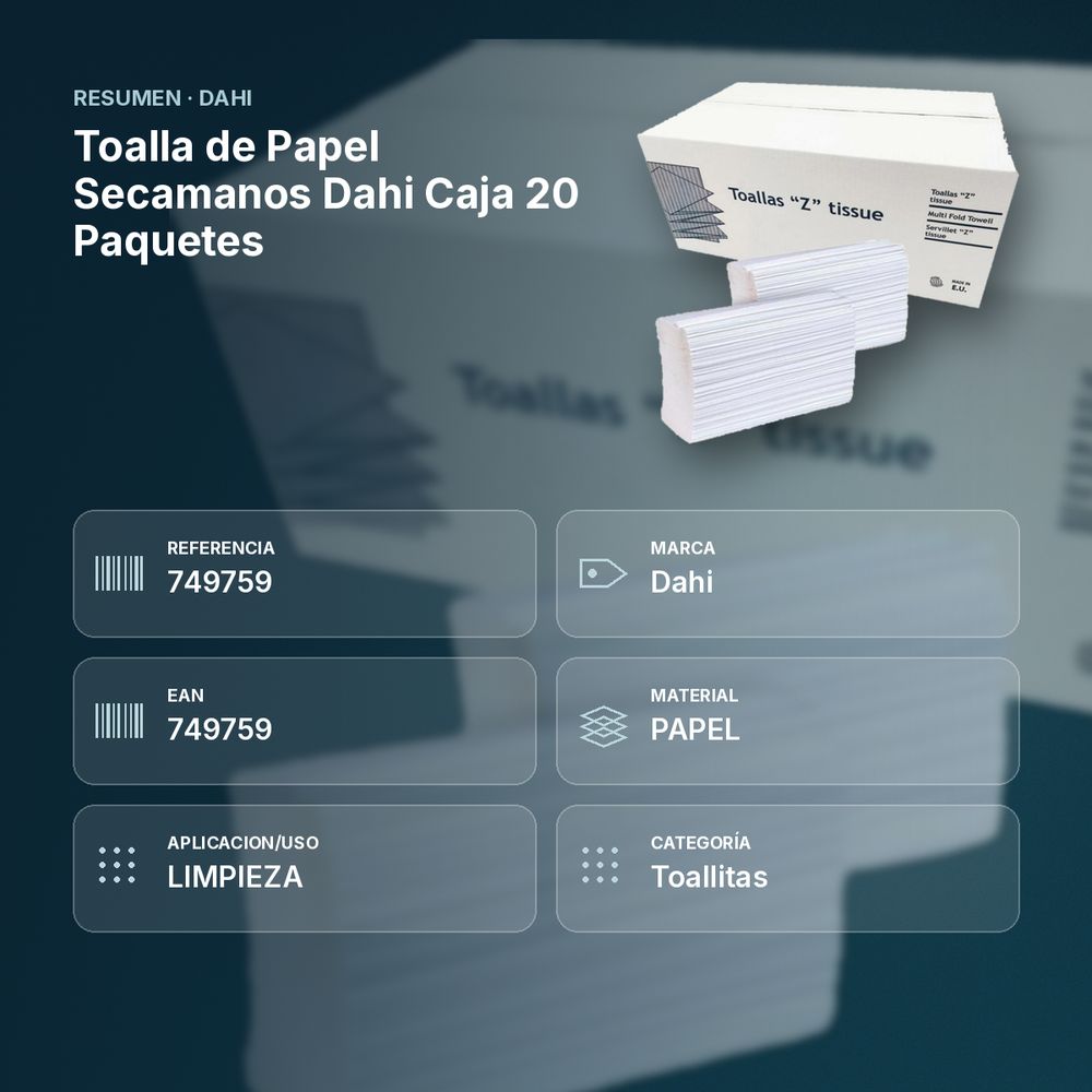 TOALLA DE PAPEL SECAMANOS DAHI CAJA 20 PAQUETES - resumen de atributos