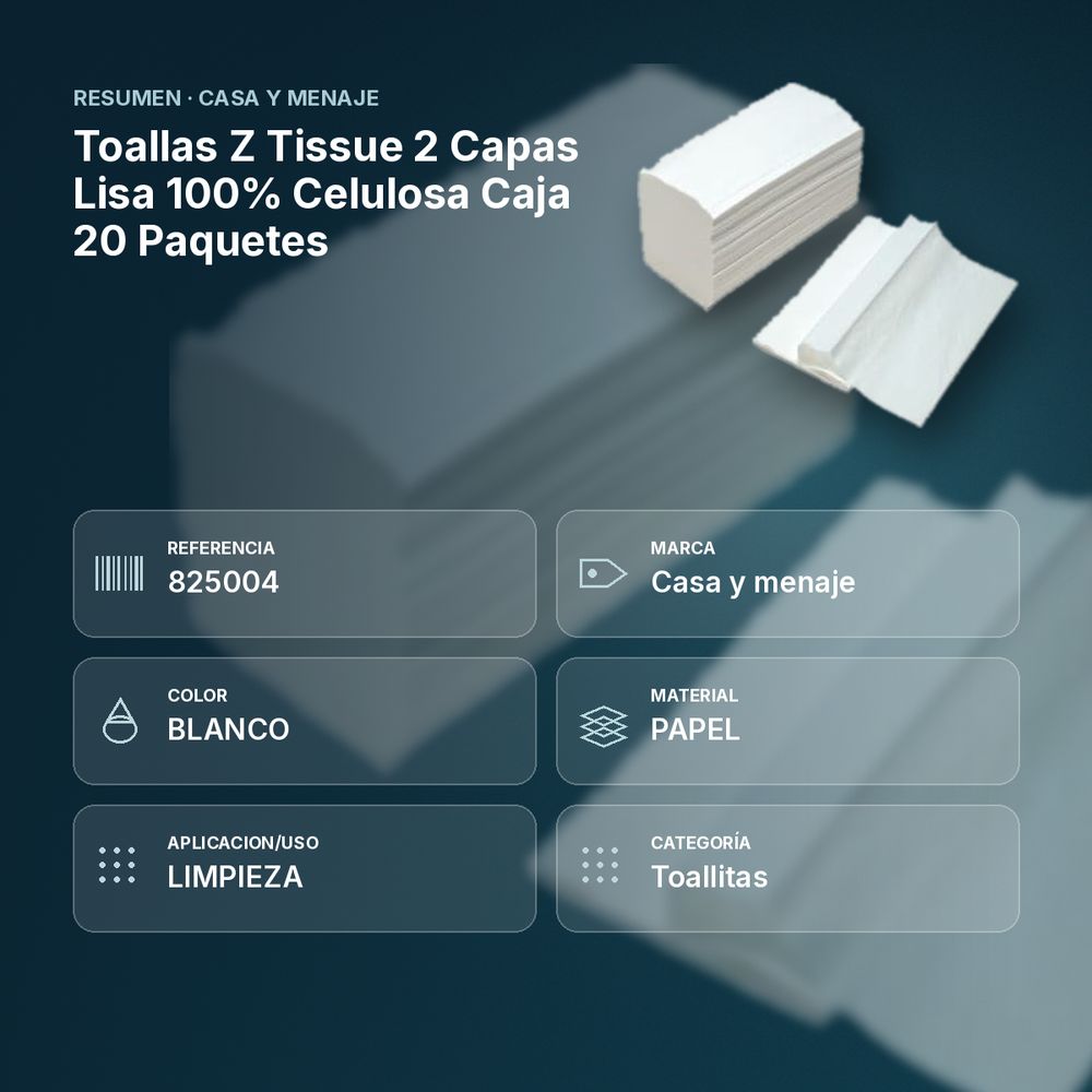 TOALLAS Z TISSUE 2 CAPAS LISA 100% CELULOSA CAJA 20 PAQUETES - resumen de atributos