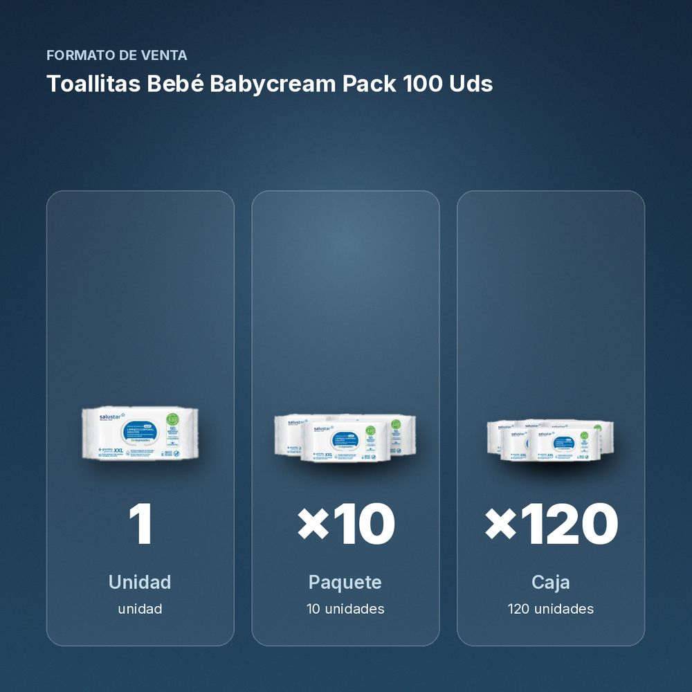 TOALLITAS BEBÉ BABYCREAM PACK 100 UDS - formato de venta: paquete de 10, caja de 120