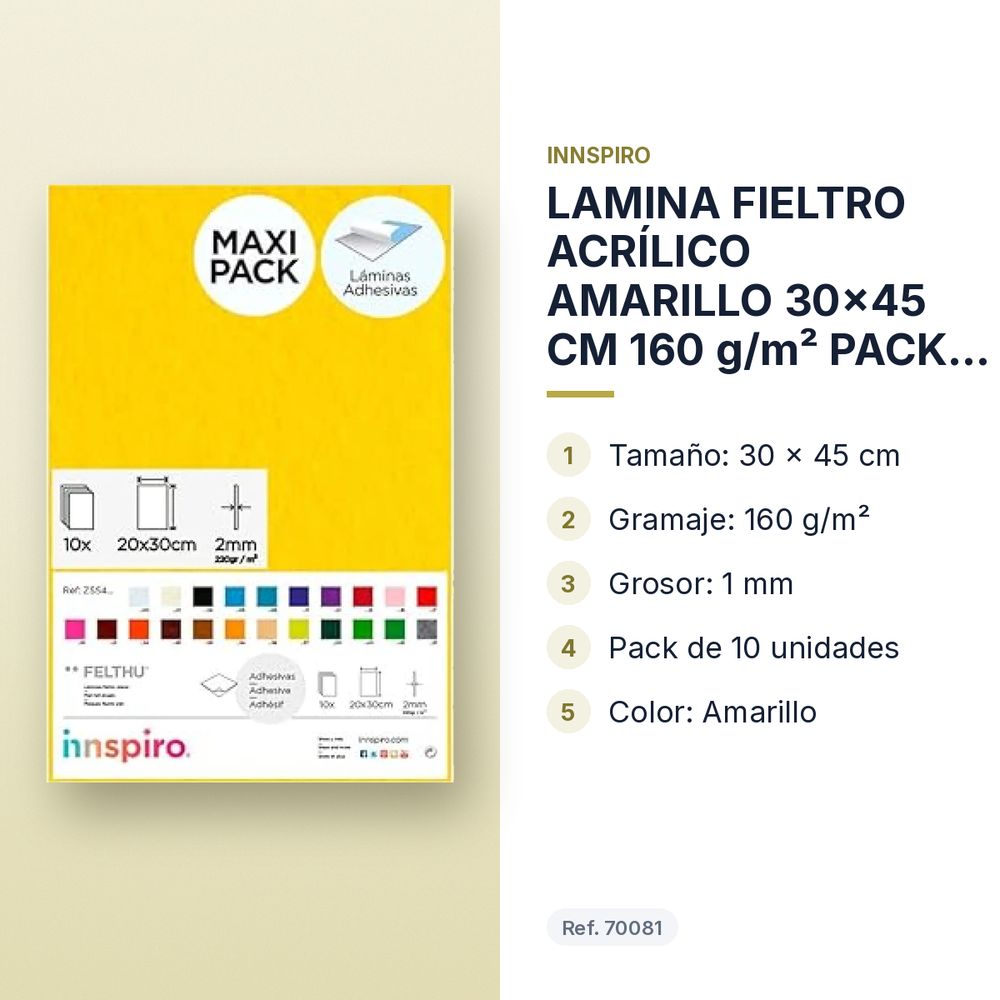 LAMINA FIELTRO ACRÍLICO AMARILLO 30x45 CM 160 g/m² PACK 10 UNIDADES INNSPIRO - características principales