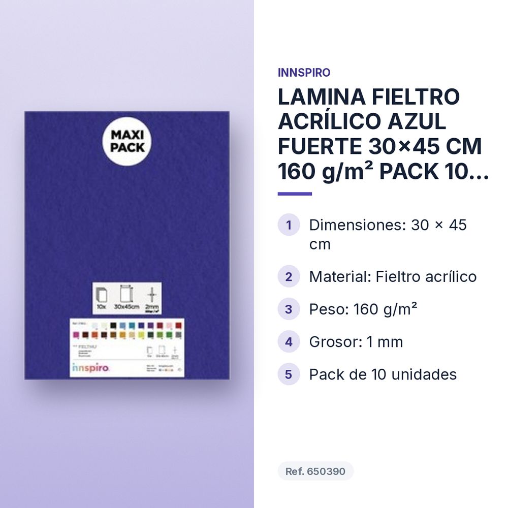 LAMINA FIELTRO ACRÍLICO AZUL FUERTE 30x45 CM 160 g/m² PACK 10 UNIDADES INNSPIRO - características principales