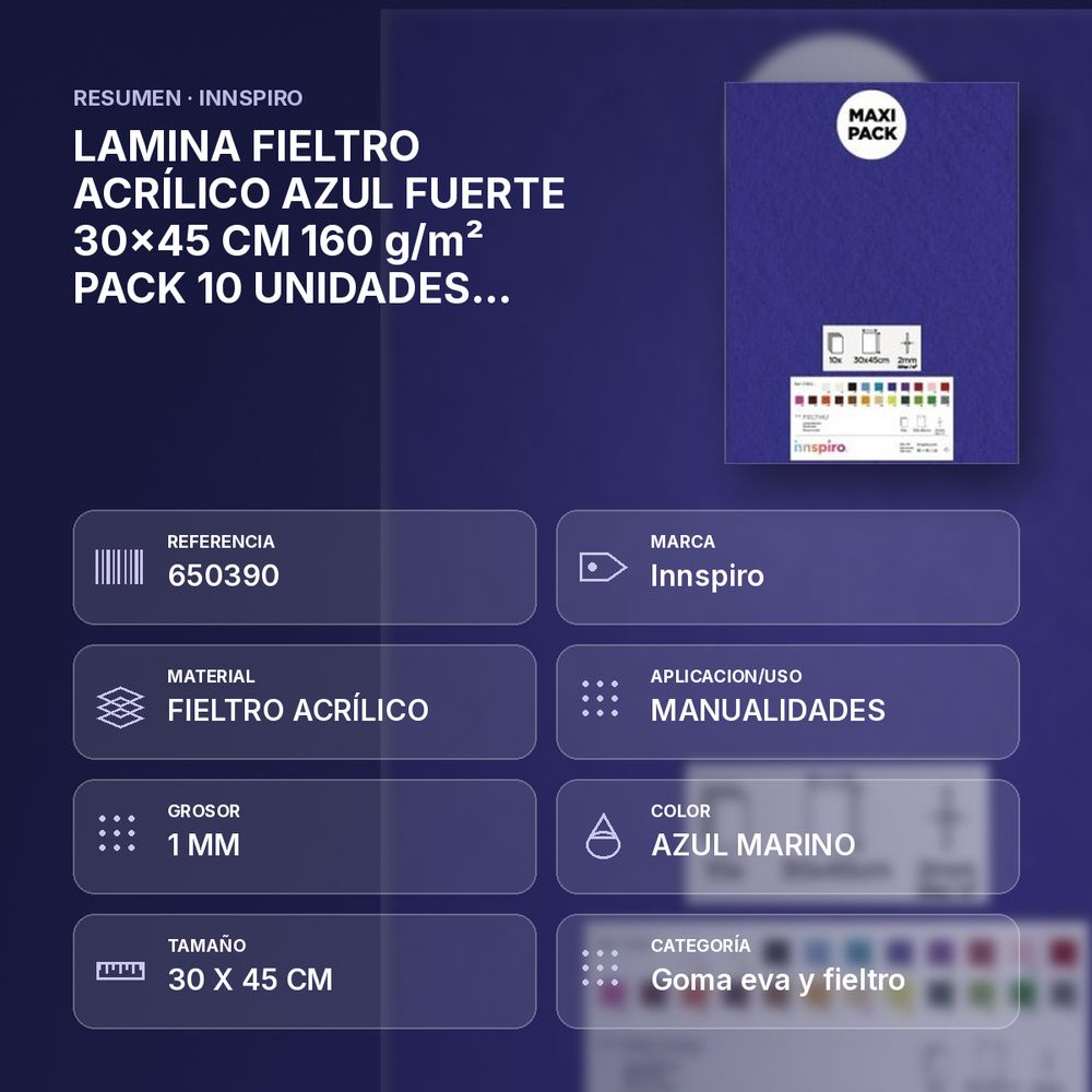 LAMINA FIELTRO ACRÍLICO AZUL FUERTE 30x45 CM 160 g/m² PACK 10 UNIDADES INNSPIRO - resumen de atributos