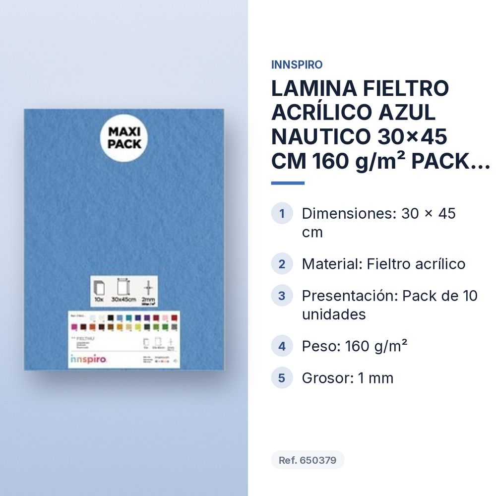 LAMINA FIELTRO ACRÍLICO AZUL NAUTICO 30x45 CM 160 g/m² PACK 10 UNIDADES INNSPIRO - características principales