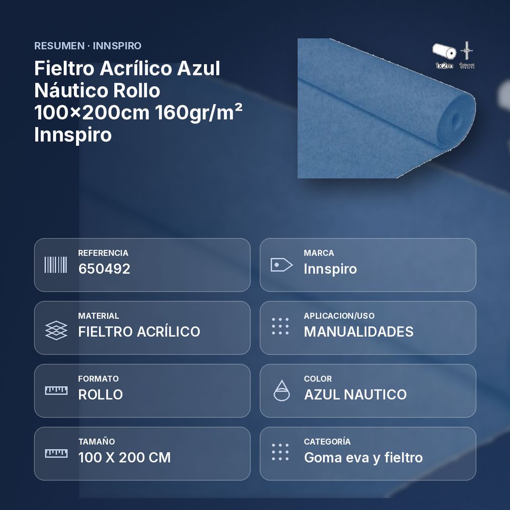 FIELTRO ACRÍLICO AZUL NÁUTICO ROLLO 100X200CM 160GR/M² INNSPIRO - resumen de atributos