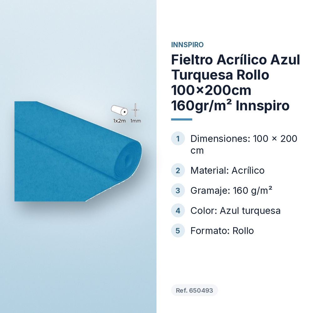 FIELTRO ACRÍLICO AZUL TURQUESA ROLLO 100X200CM 160GR/M² INNSPIRO - características principales
