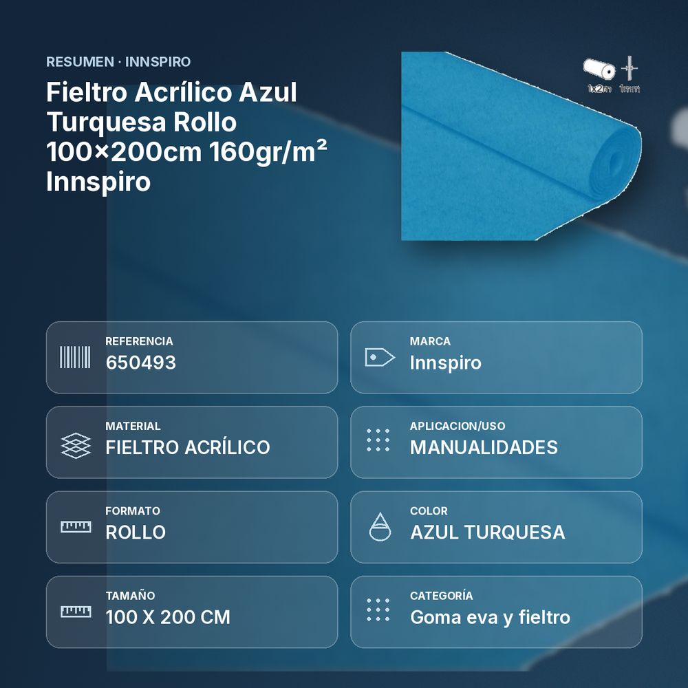 FIELTRO ACRÍLICO AZUL TURQUESA ROLLO 100X200CM 160GR/M² INNSPIRO - resumen de atributos