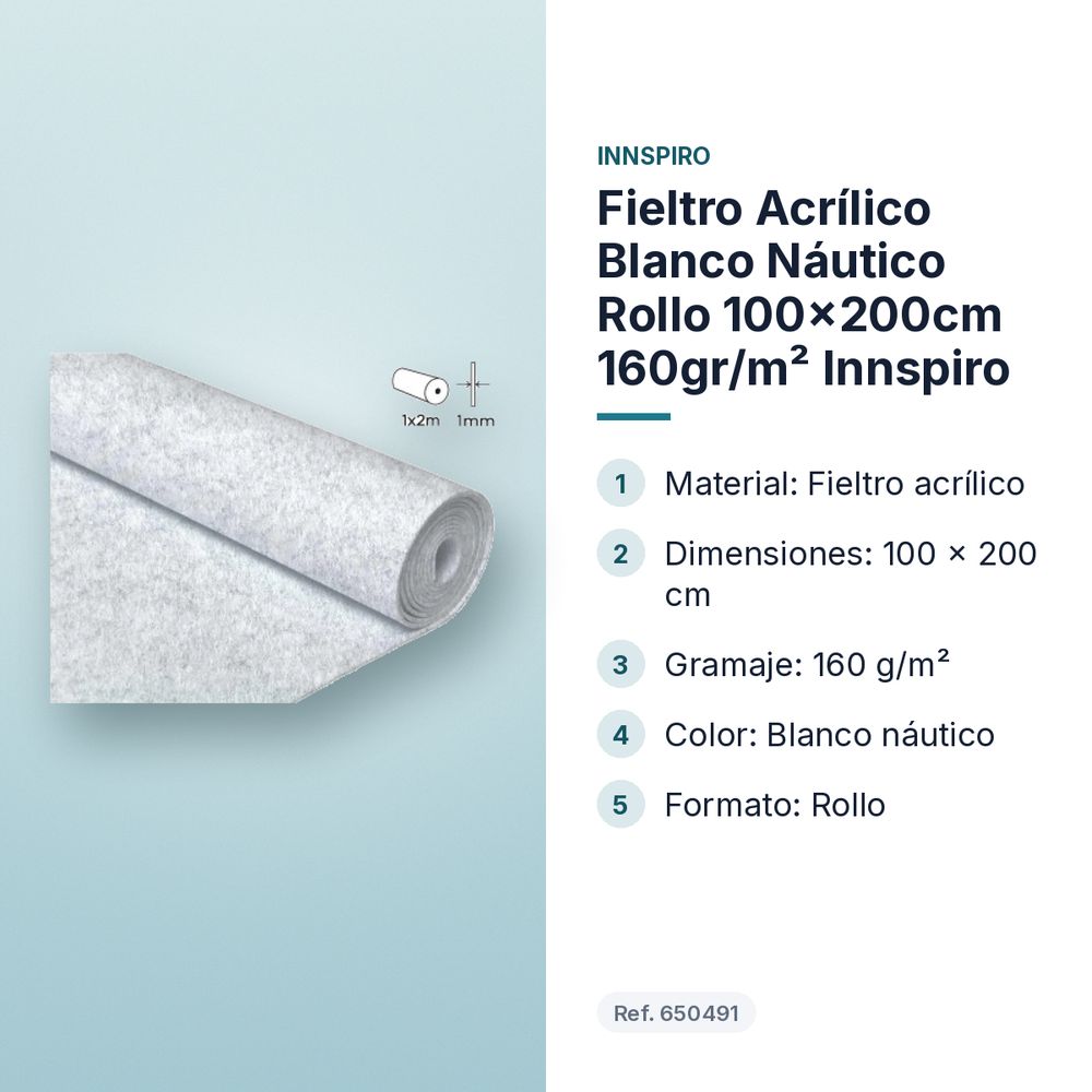 FIELTRO ACRÍLICO BLANCO NÁUTICO ROLLO 100X200CM 160GR/M² INNSPIRO - características principales