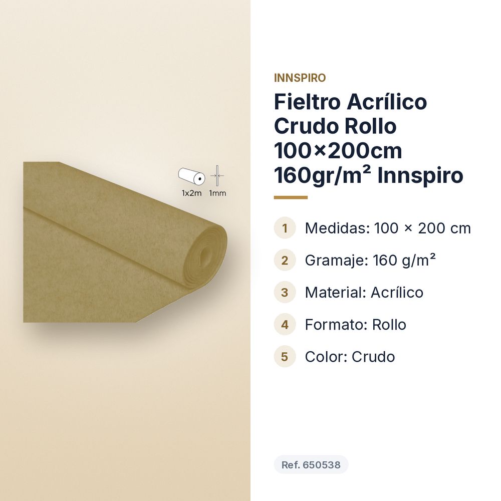 FIELTRO ACRÍLICO CRUDO ROLLO 100X200CM 160GR/M² INNSPIRO - características principales