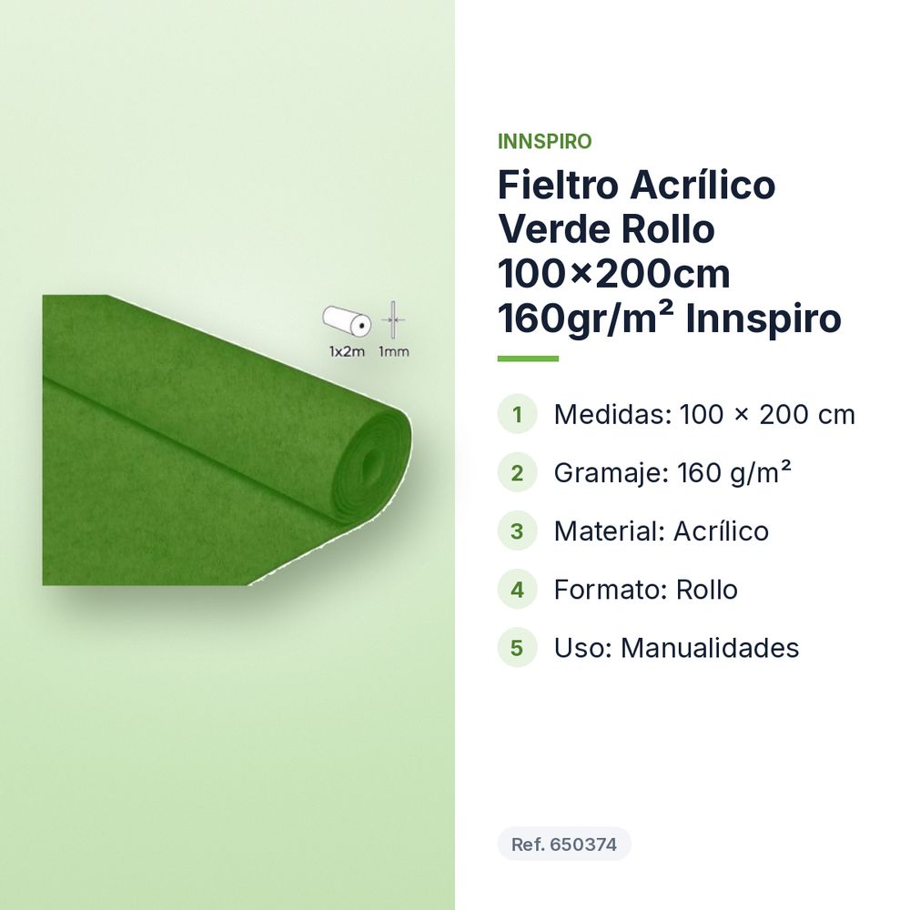 FIELTRO ACRÍLICO VERDE ROLLO 100X200CM 160GR/M² INNSPIRO - características principales