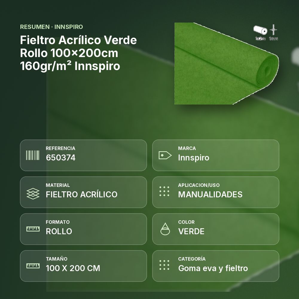 FIELTRO ACRÍLICO VERDE ROLLO 100X200CM 160GR/M² INNSPIRO - resumen de atributos