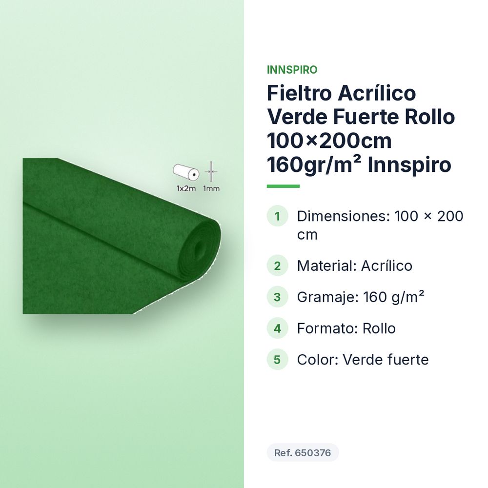 FIELTRO ACRÍLICO VERDE FUERTE ROLLO 100X200CM 160GR/M² INNSPIRO - características principales