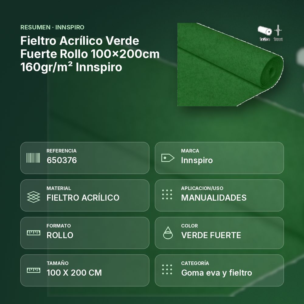 FIELTRO ACRÍLICO VERDE FUERTE ROLLO 100X200CM 160GR/M² INNSPIRO - resumen de atributos