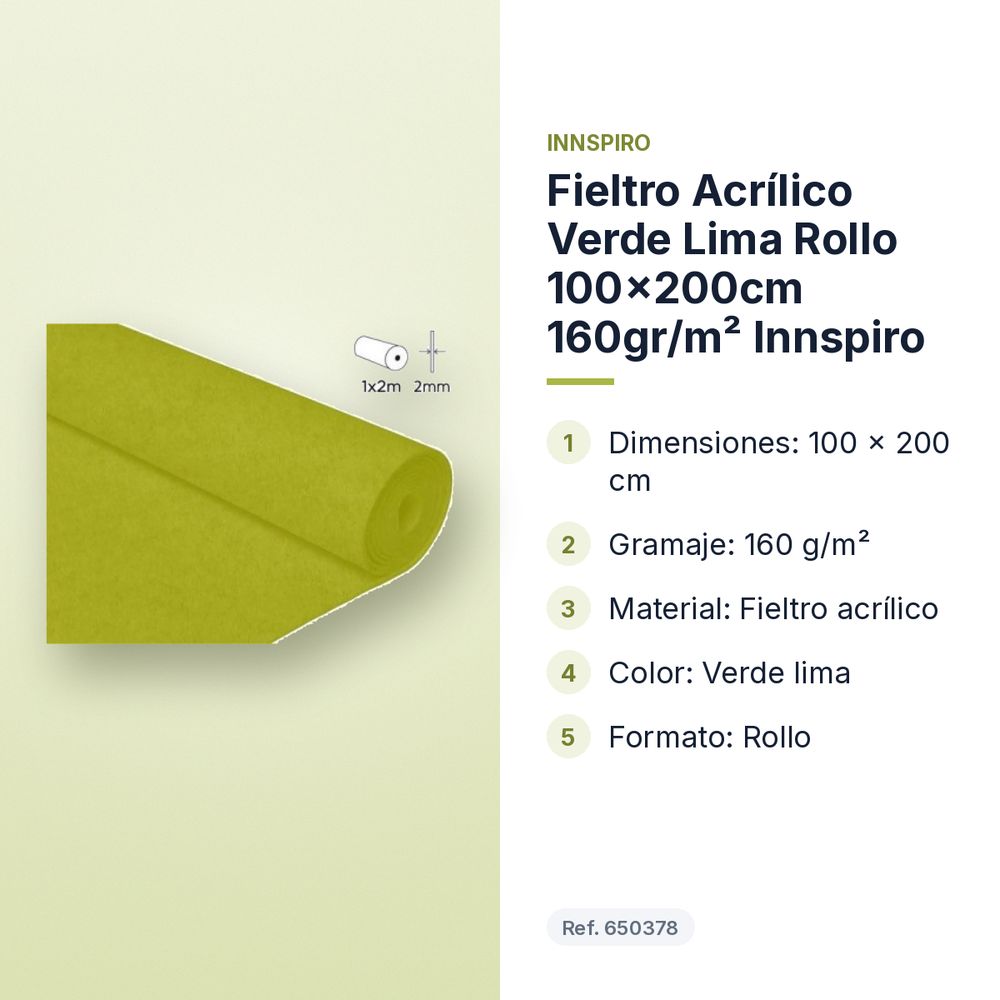 FIELTRO ACRÍLICO VERDE LIMA ROLLO 100X200CM 160GR/M² INNSPIRO - características principales
