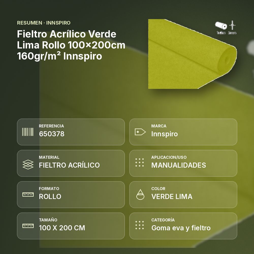 FIELTRO ACRÍLICO VERDE LIMA ROLLO 100X200CM 160GR/M² INNSPIRO - resumen de atributos
