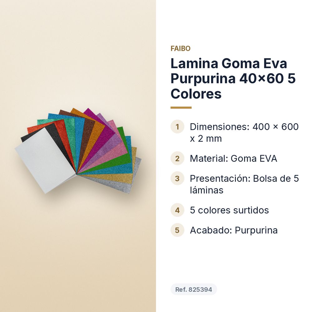 LAMINA GOMA EVA PURPURINA 40X60 5 COLORES - características principales
