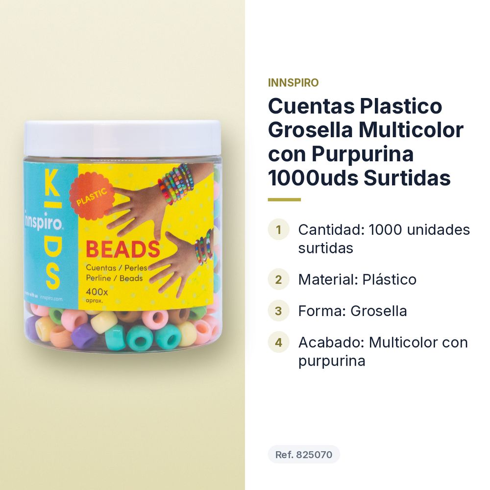 CUENTAS PLASTICO GROSELLA MULTICOLOR CON PURPURINA 1000UDS SURTIDAS - características principales