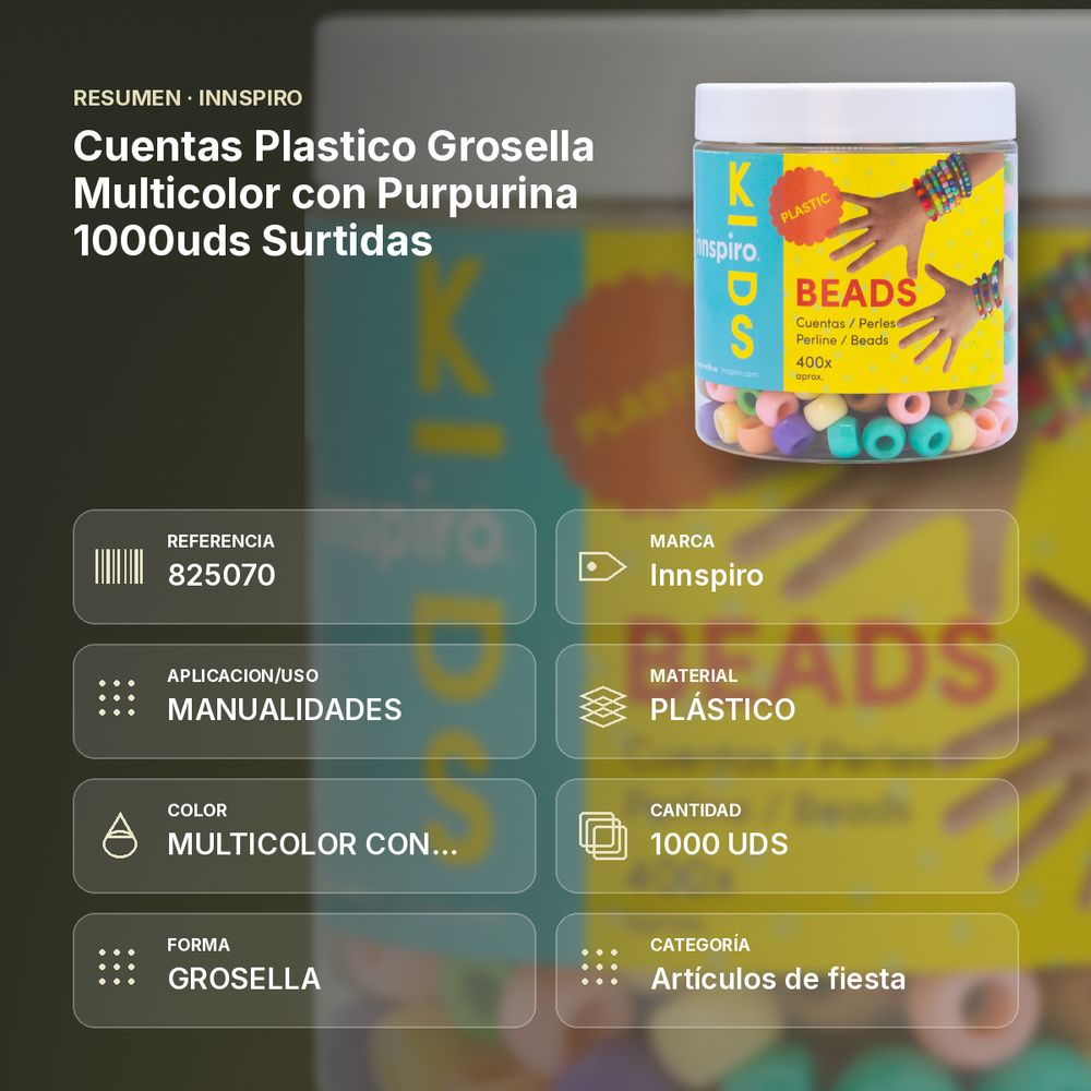 CUENTAS PLASTICO GROSELLA MULTICOLOR CON PURPURINA 1000UDS SURTIDAS - resumen de atributos