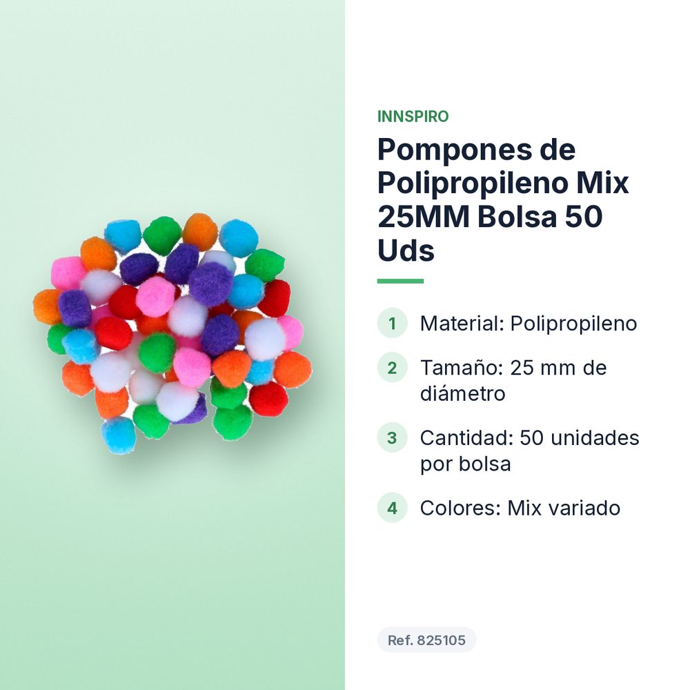 POMPONES DE POLIPROPILENO MIX 25MM BOLSA 50 UDS - características principales