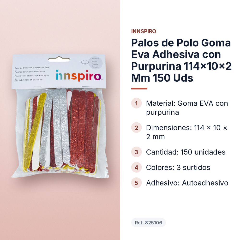 PALOS DE POLO GOMA EVA ADHESIVA CON PURPURINA 114×10×2 MM 150 UDS - características principales