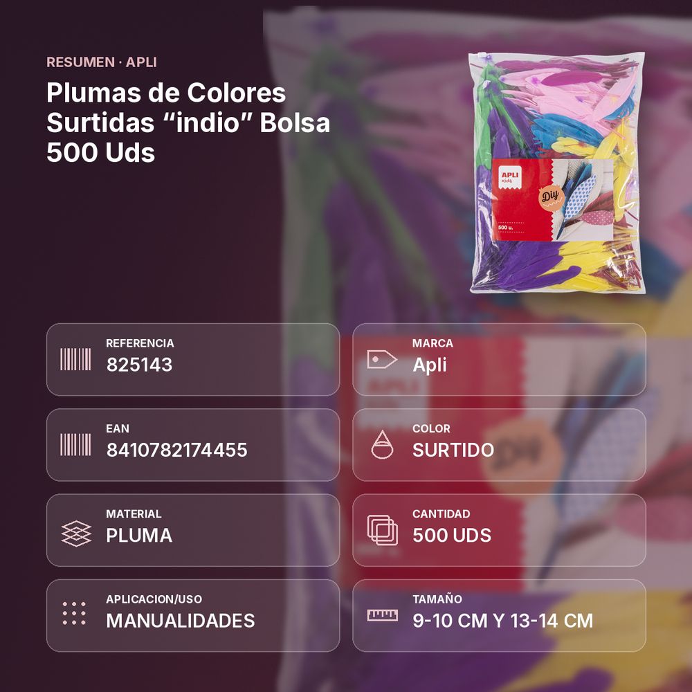 PLUMAS DE COLORES SURTIDAS “INDIO” BOLSA 500 UDS - resumen de atributos